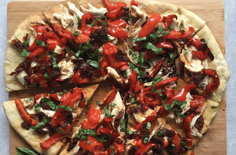 Once Upon a Thyme – Roasted Chicken and Red Pepper Pizza with Sundried Tomatoes