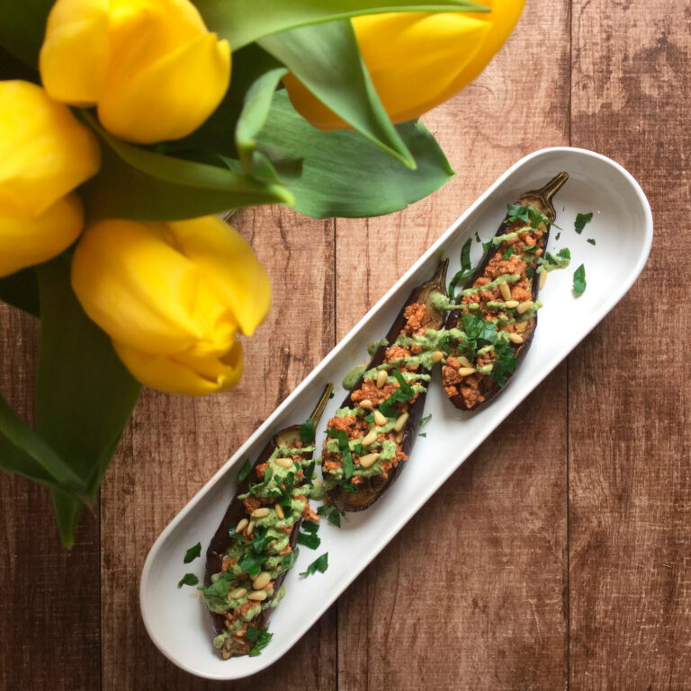 Once Upon A Thyme – Roasted Eggplant with Ground Beef & Herbed Tahini